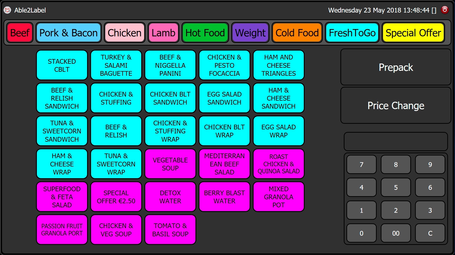 A sample screen of fresh-to-go products on Able2Label